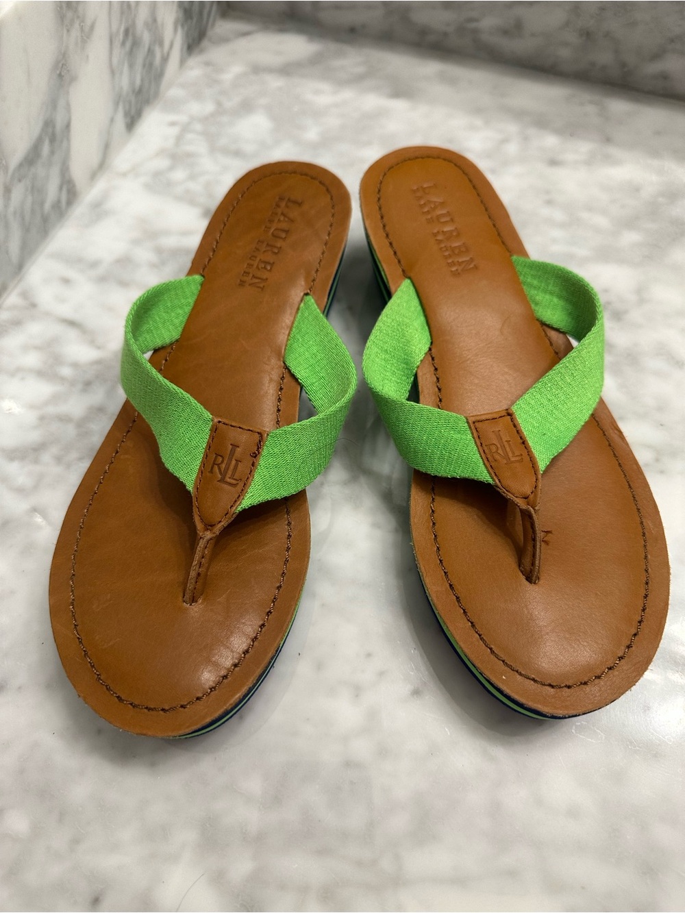 Ralph Lauren Ladies Green Fabric-Strap Tan Leather 🩴 Flip Flops